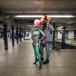 Photos of people dressed up in costumes on the subway for Halloween 2020